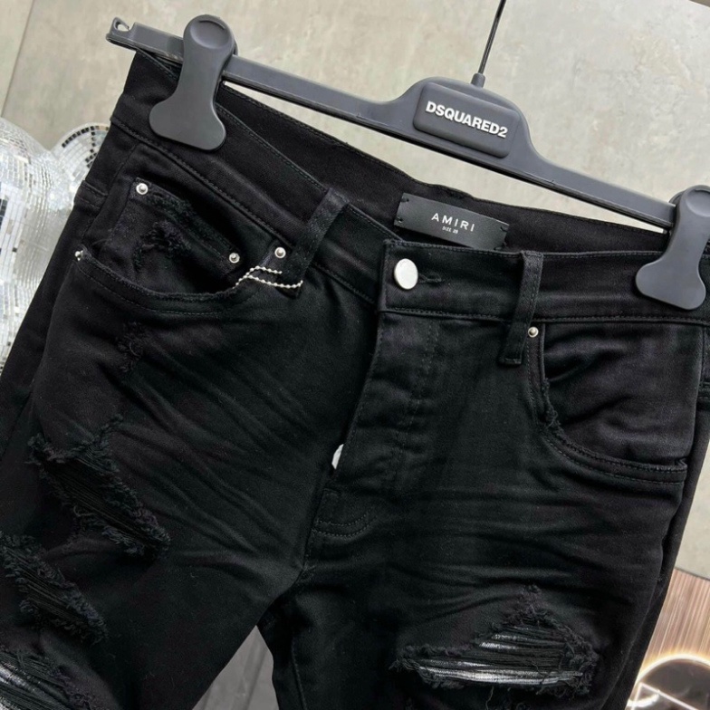 Quần Jean bò nam Amiri skinny likeauth rách xù đùi gối vá vải nhăn gân sọc đen trắng 4 cúc