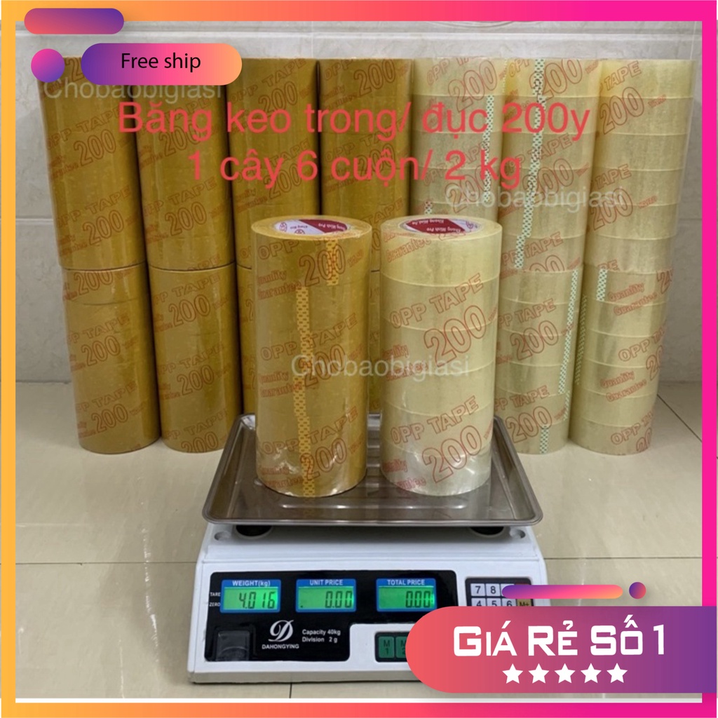 {1 cây/ 6 cuộn} Băng keo trong, băng keo đục 200yard đủ 2kg/ cây, lõi nhỏ, độ dính cao (Sp y hình)