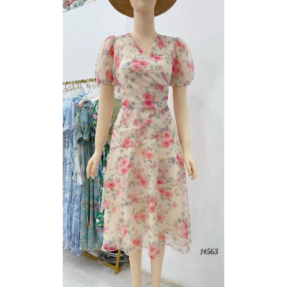 Đầm Xòe Cổ Chéo Tay Bồng Hoa Nhí HN354