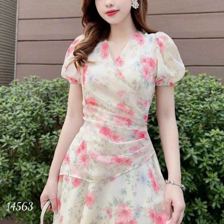 Đầm Xòe Cổ Chéo Tay Bồng Hoa Nhí HN354