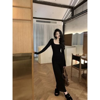 Jiashucheng Đầm Đen Cổ Vuông Tay Dài Dáng Ôm Thời Trang Mùa Thu Xinh Xắn Cho Nữ