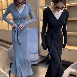 Jiashucheng Đầm Đuôi Cá Tay Dài Cổ Chữ v Cột Dây Dáng Ôm Phong Cách Thời Trang Xuân Thu Hàng Mới Dành Cho Bạn Nữ