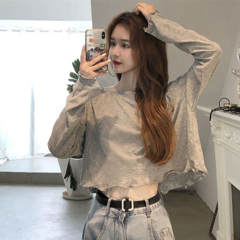 Jiashucheng Áo Thun Lửng Tay Dài Dáng Rộng Phong Cách Hàn Quốc Thời Trang Thu Đông Cho Nữ