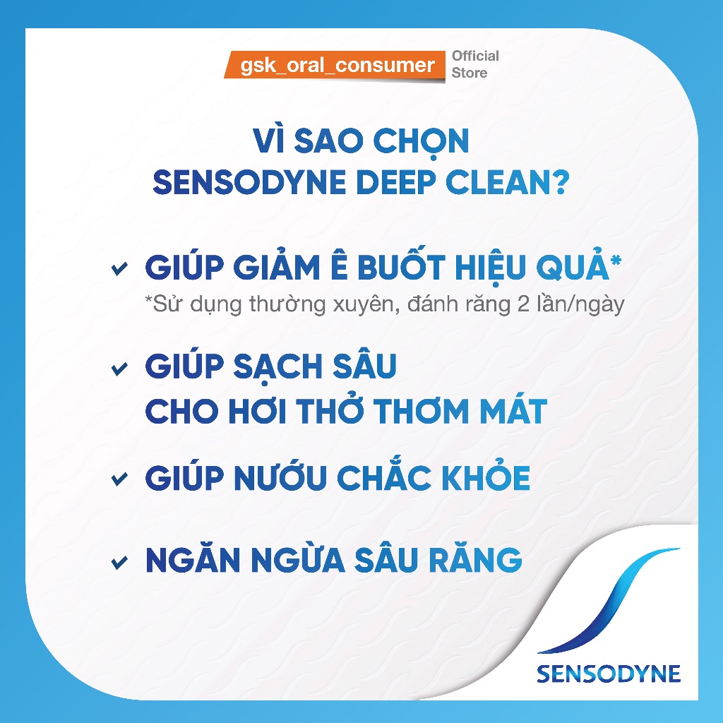 Kem đánh răng SENSODYNE Deep Clean 160g giúp giảm ê buốt hiệu quả, sạch sâu cho hơi thở thơm mát