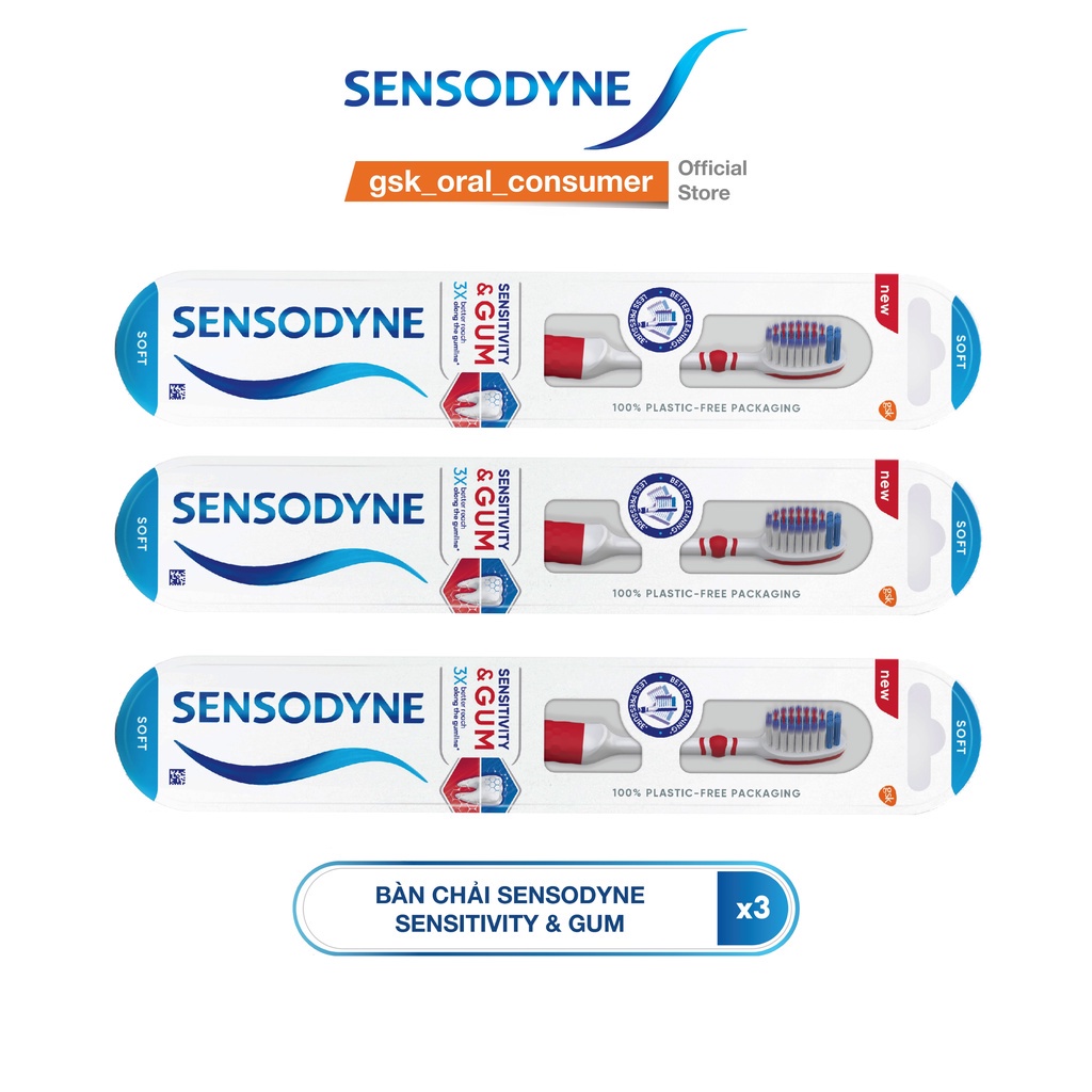 Bộ 3 Bàn chải đánh răng SENSODYNE Sensitive & Gum với lông bàn chải mềm, giúp làm sạch răng nhẹ nhàng và bảo vệ nướu