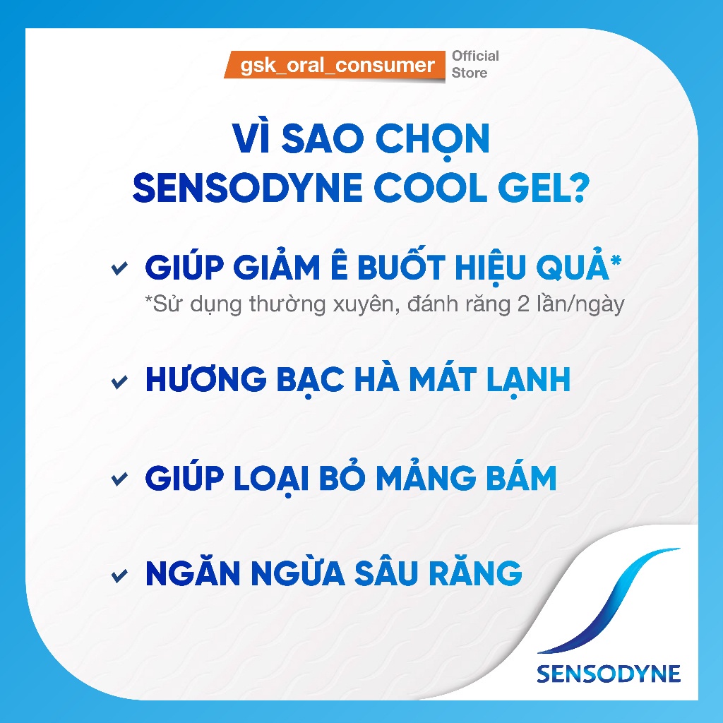 Mua 3 tặng 1 Kem đánh răng SENSODYNE Cool Gel 160g giúp giảm ê buốt hiệu quả với hương bạc hà mát lạnh