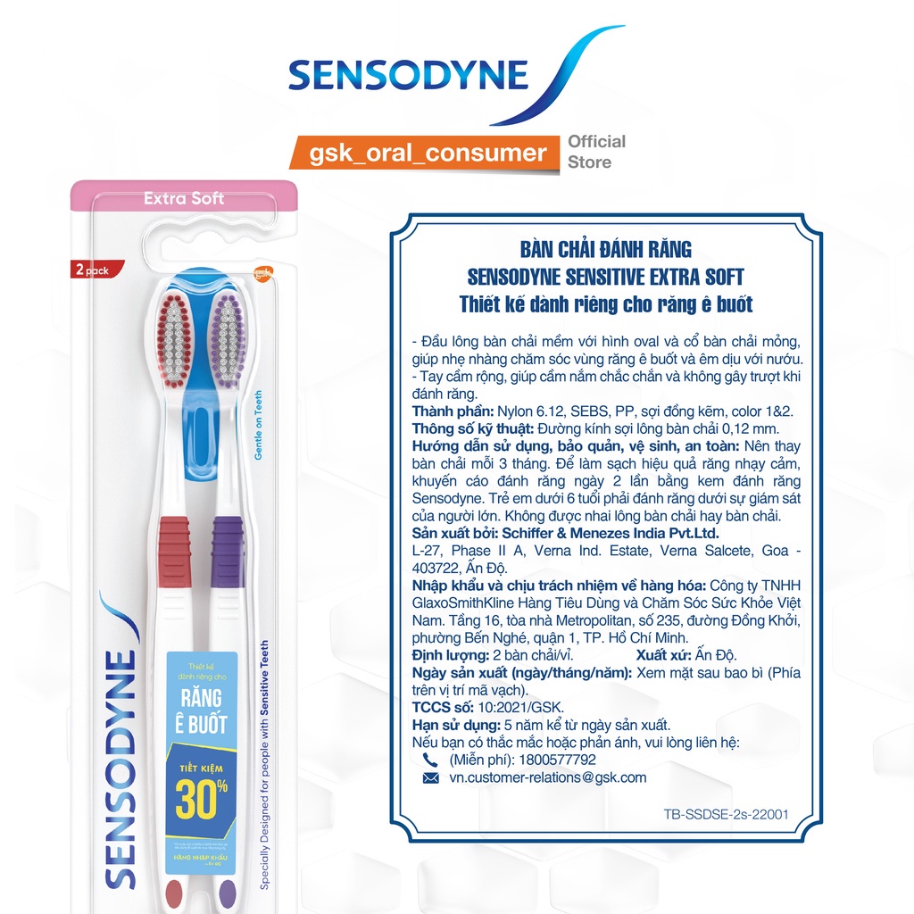 Bộ 6 Bàn chải đánh răng SENSODYNE Sensitive Extra Soft với lông bàn chải mềm, làm sạch răng nhẹ nhàng, êm dịu với nướu