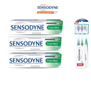 Combo 3 kem đánh răng sensodyne fresh mint 160g/tuýp tặng bộ 3 bàn chải đánh răng sensodyne deep clean soft sạch sâu kẽ