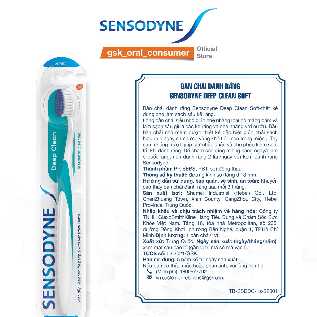 Bàn chải đánh răng SENSODYNE Deep Clean Soft thiết kế với lông bàn chải mềm, nhỏ, giúp làm sạch sâu kẽ răng