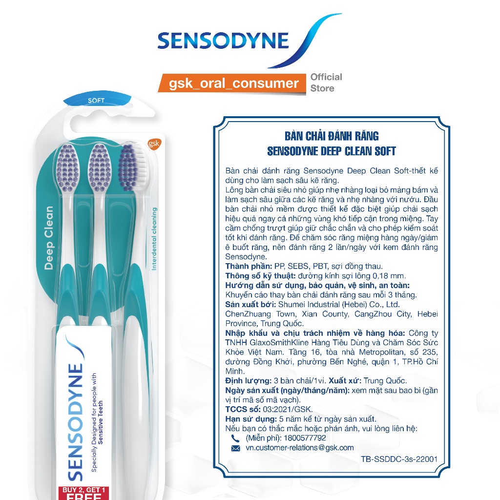 MUA 2 TẶNG 1 Bàn chải đánh răng SENSODYNE Deep Clean Soft thiết kế với lông bàn chải mềm, nhỏ, giúp làm sạch sâu kẽ răng