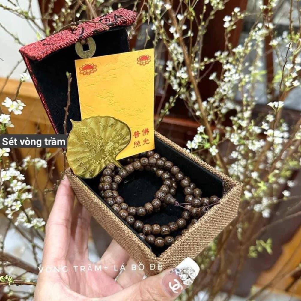 Vòng tay trầm hương 6 LI Set vòng đeo tay phong thủy chuỗi 108 hạt trầm hương, tặng kèm hộp gỗ lá bồ đề may mắn, tài lộc
