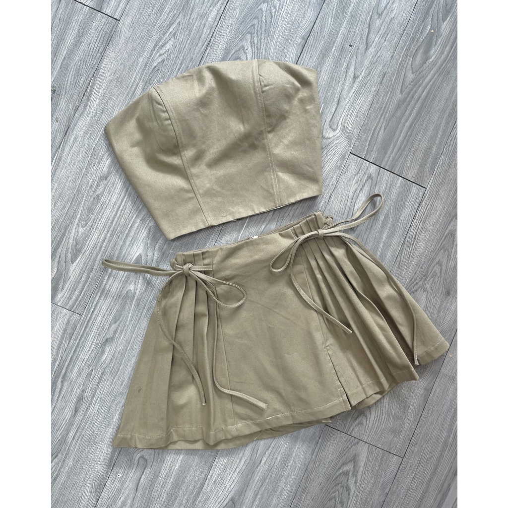 Set áo quây crotop chân váy phối xếp ly dây belt nhún thắt nơ Nora Set Biu Clothing BB0144 màu nâu rêu