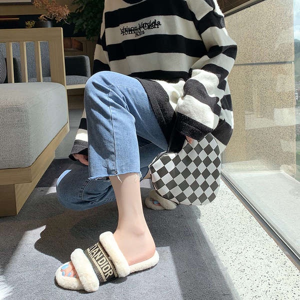 Dép cotton Phối Lông Mềm Mại Thoải Mái Thời Trang Mùa Thu Cho Nữ