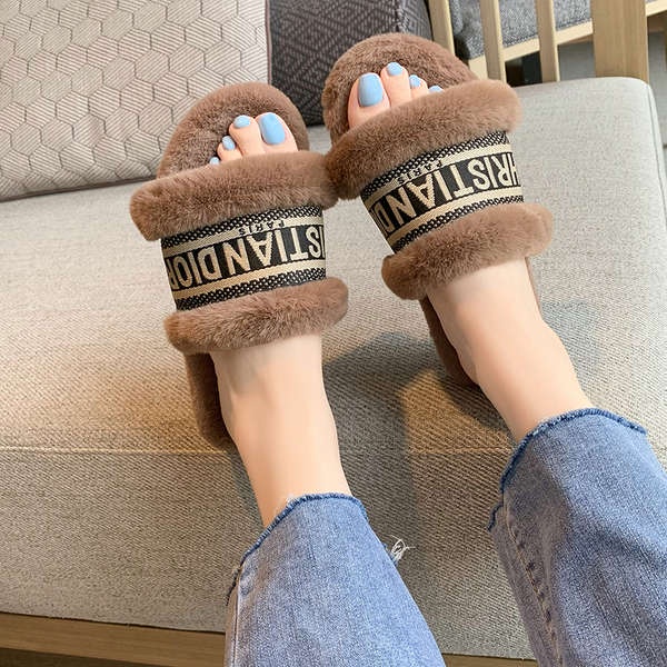 Dép cotton Phối Lông Mềm Mại Thoải Mái Thời Trang Mùa Thu Cho Nữ