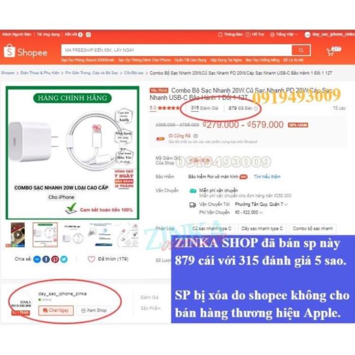 Dây Sạc Nhanh 20W, Củ Sạc Nhanh PD 20W, Bộ Sạc Nhanh Cho Điện Thoại X/Xsmax/11/12/13/14++ BH 1 năm PUCEN