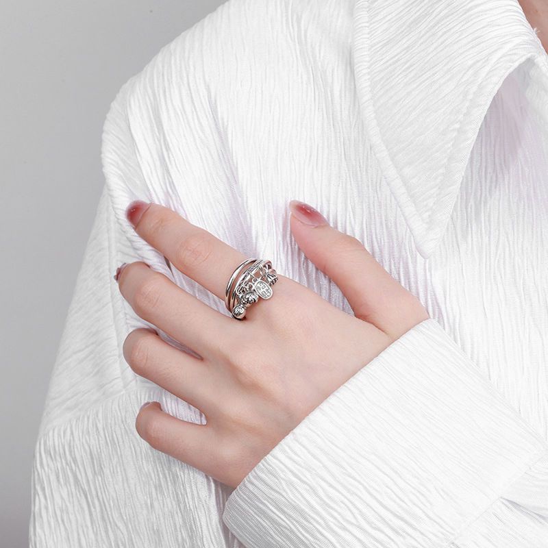 Nhẫn Mạ Bạc 925 Mặt Hình 4 Hoa Sen May Mắn Phong Cách Phật Giáo retro