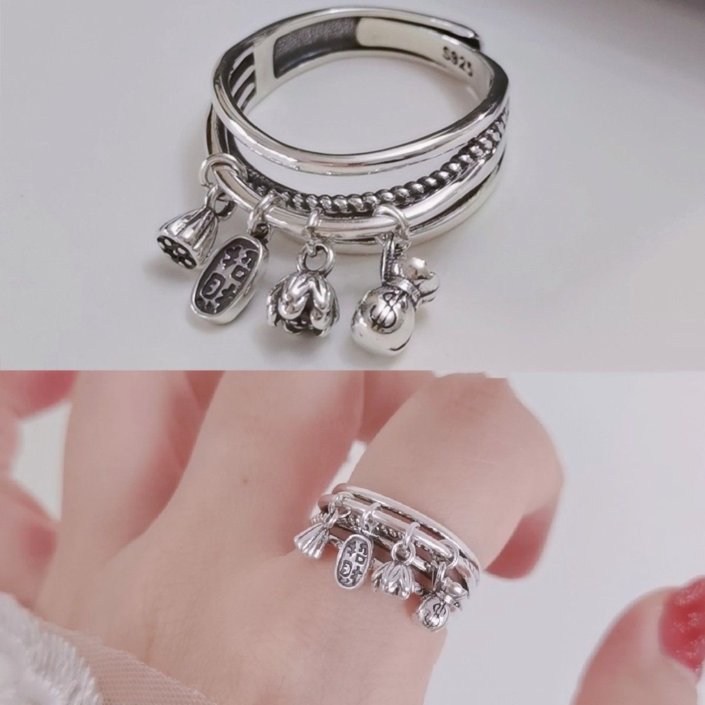 Nhẫn Mạ Bạc 925 Mặt Hình 4 Hoa Sen May Mắn Phong Cách Phật Giáo retro