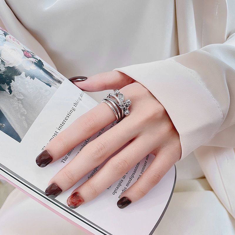 Nhẫn Mạ Bạc 925 Mặt Hình 4 Hoa Sen May Mắn Phong Cách Phật Giáo retro