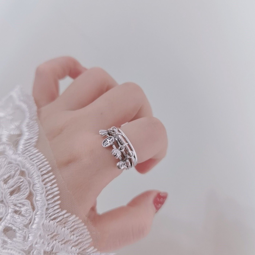 Nhẫn Mạ Bạc 925 Mặt Hình 4 Hoa Sen May Mắn Phong Cách Phật Giáo retro