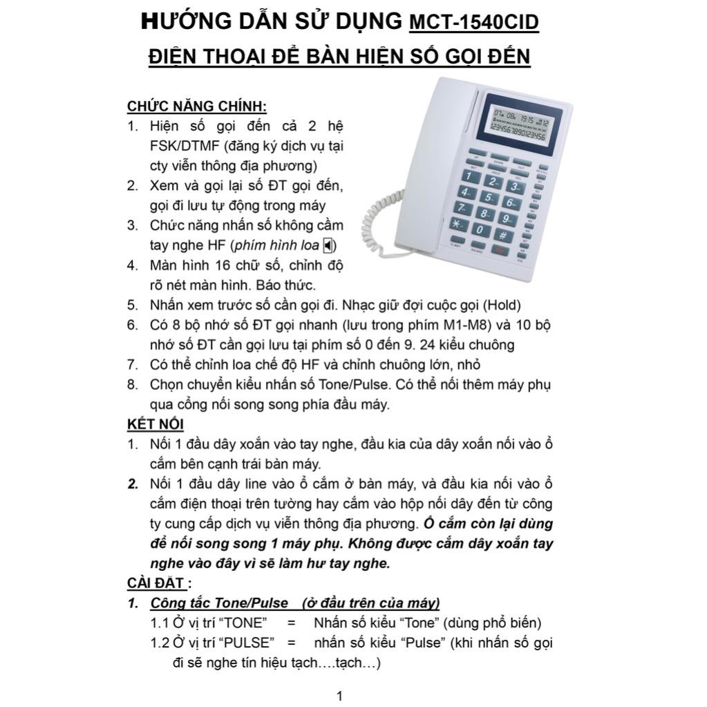 Máy điện thoại cố định có dây, để bàn hiện số gọi đi và gọi tới, dùng cho gia đình, khách sạn, văn phòng cty. MCT1540