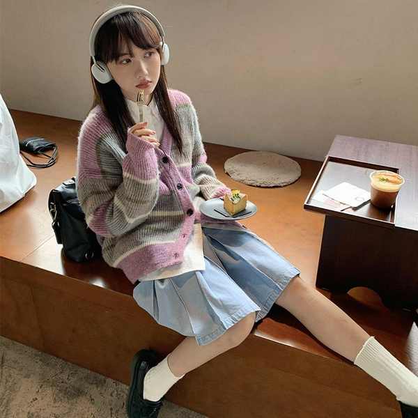 Áo Khoác cardigan Họa Tiết Kẻ Sọc Phong Cách Nhật Bản