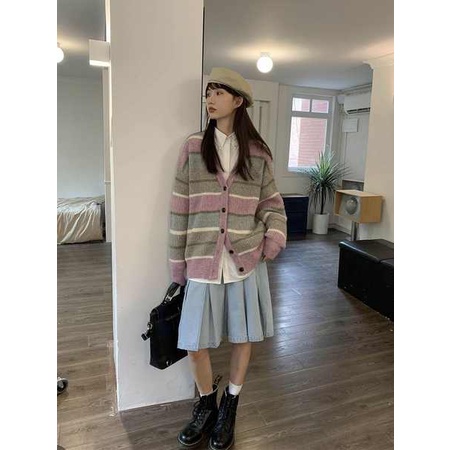 Áo Khoác cardigan Họa Tiết Kẻ Sọc Phong Cách Nhật Bản