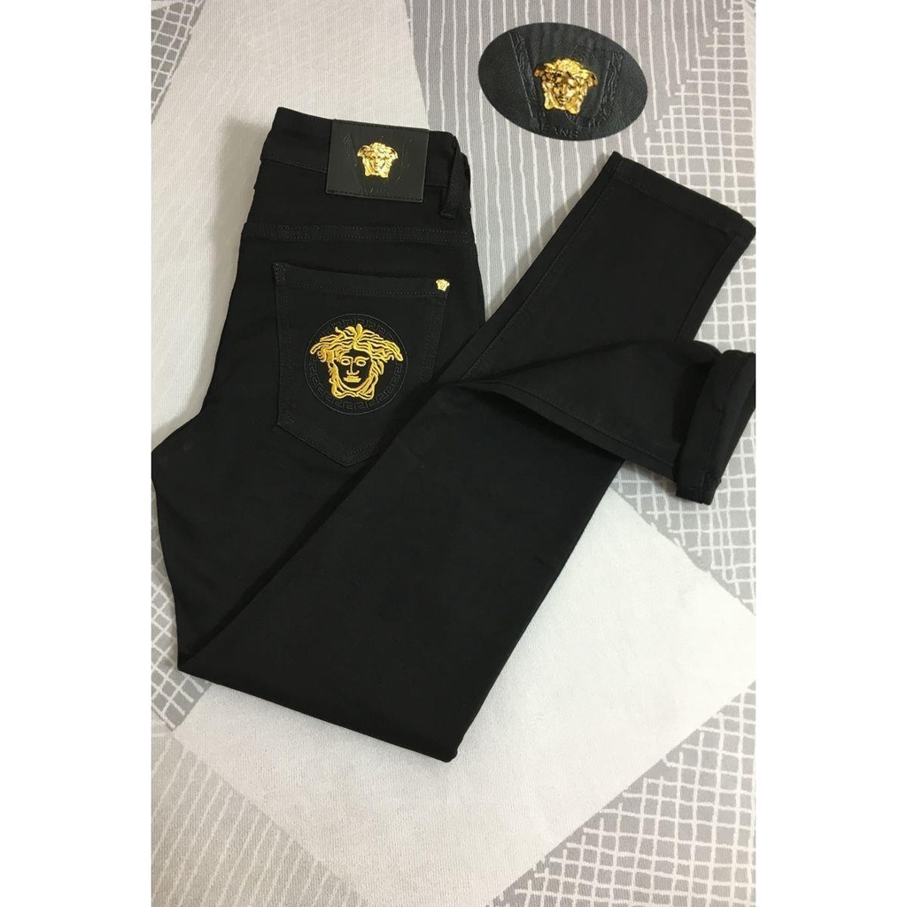 Versace Quần jeans Đen Thêu Họa Tiết Thời Trang Cao Cấp Cho Nam