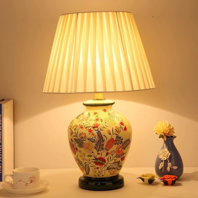 Đèn ngủ cho phòng ngủ, phòng khách, nghiên cứu mục vụ Âu Mỹ, đèn bàn gốm sứ có thể điều chỉnh độ sáng bằng vải màu xanh