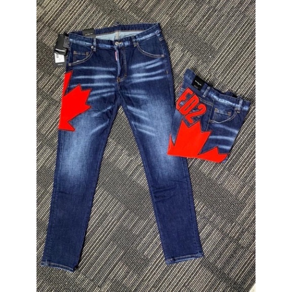 Quần bò dsq thêu chữ đỏ,quần jean dsq thêu lá cây màu đỏ CAO CẤP