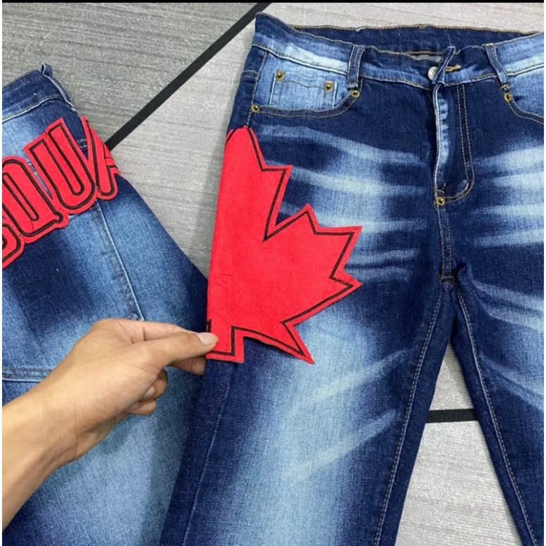 Quần bò dsq thêu chữ đỏ,quần jean dsq thêu lá cây màu đỏ CAO CẤP