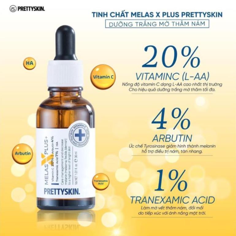 Serum PrettySkin Melas X Plus + Tinh chất dưỡng trắng da mờ thâm giảm nám dung tích 30ml