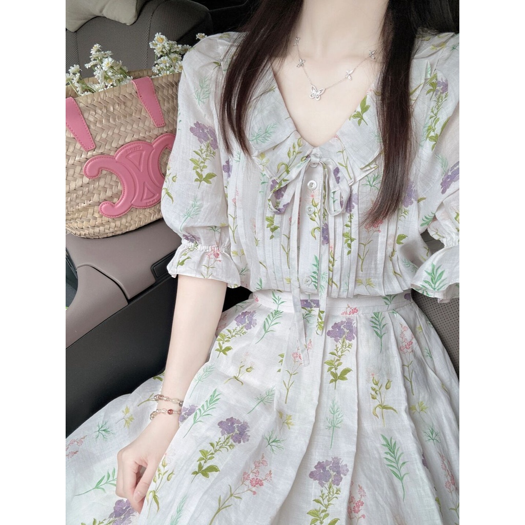 Set Áo Hoa + Chân Váy Hoa / Chuông Thời Trang Nữ Tính#23923