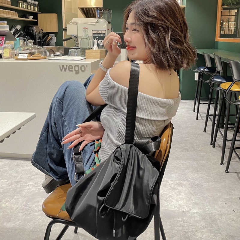 JONA BACKPACK Balo mini vải dù đơn giản Hàn quốc có nắp đậy dây rút cá tính dành cho nữ