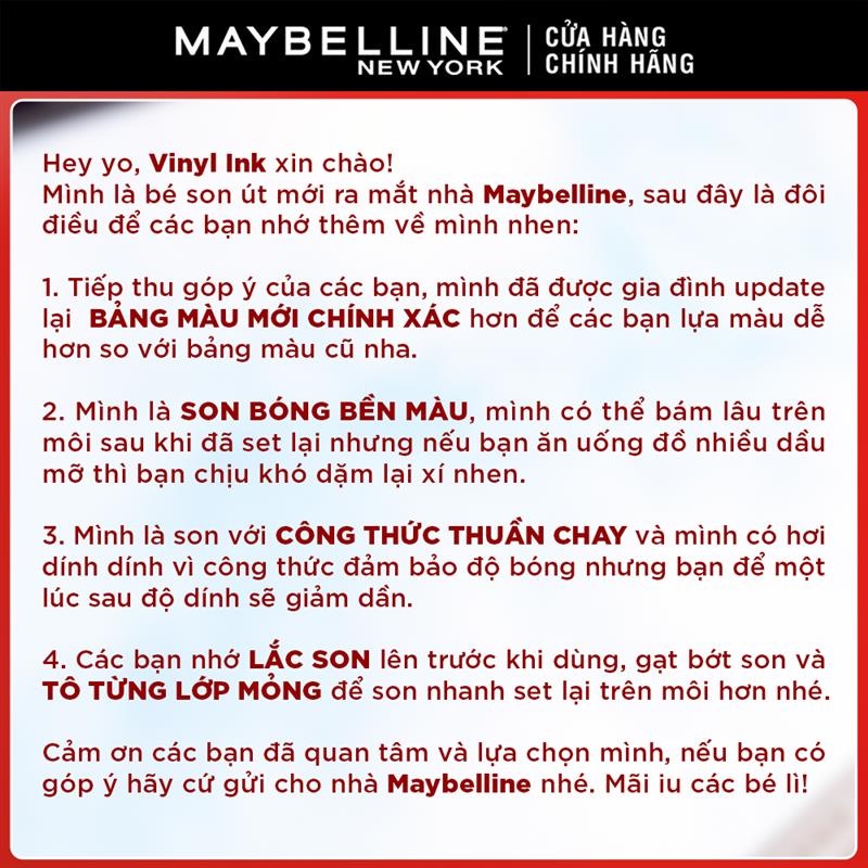 Son Bóng Bền Màu Nhẹ Môi Superstay Vinyl Ink Maybelline New York 4.2ml