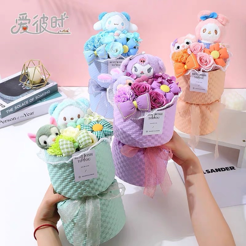 Bó Hoa Gấu Nhồi Bông Bọc Vải Mềm Mại - Kèm Túi Đèn Cao Cấp Gấu Bông Mina
