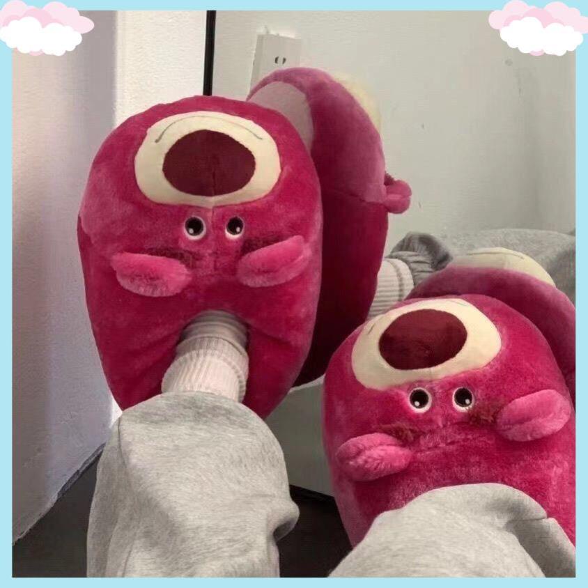 Dép Bông Đi Trong Nhà Hình Gấu Dâu Xinh Xắn Size 35-40 Đế Vải và Đế Cao Su