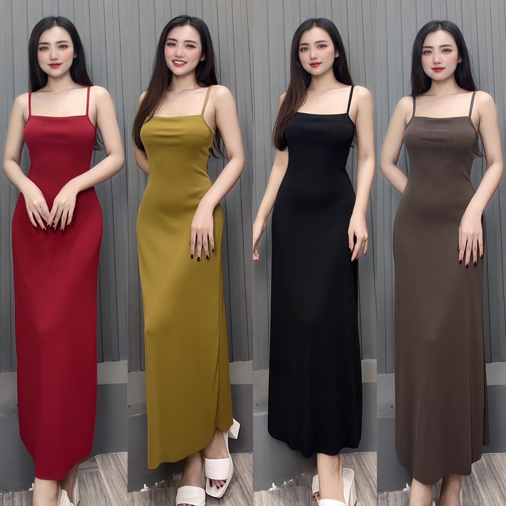 Đầm 2 dây dáng dài chất thun len co giãn freesize V47 Hả Lan Store