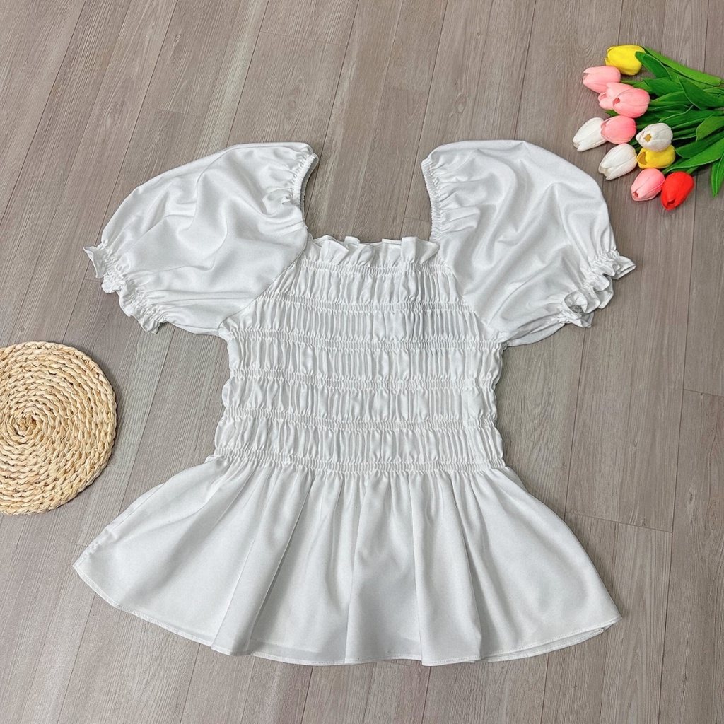 Áo Sơ Mi Bigsize Nữ tay phồng nhún bèo cách điệu chất vải lụa chéo mềm mại dành cho nàng chuppy 58-95kg-SM33