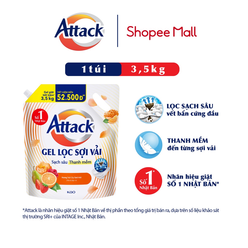 Gel Giặt Attack Hương Trái Cây Tươi Mát Túi 3.5Kg