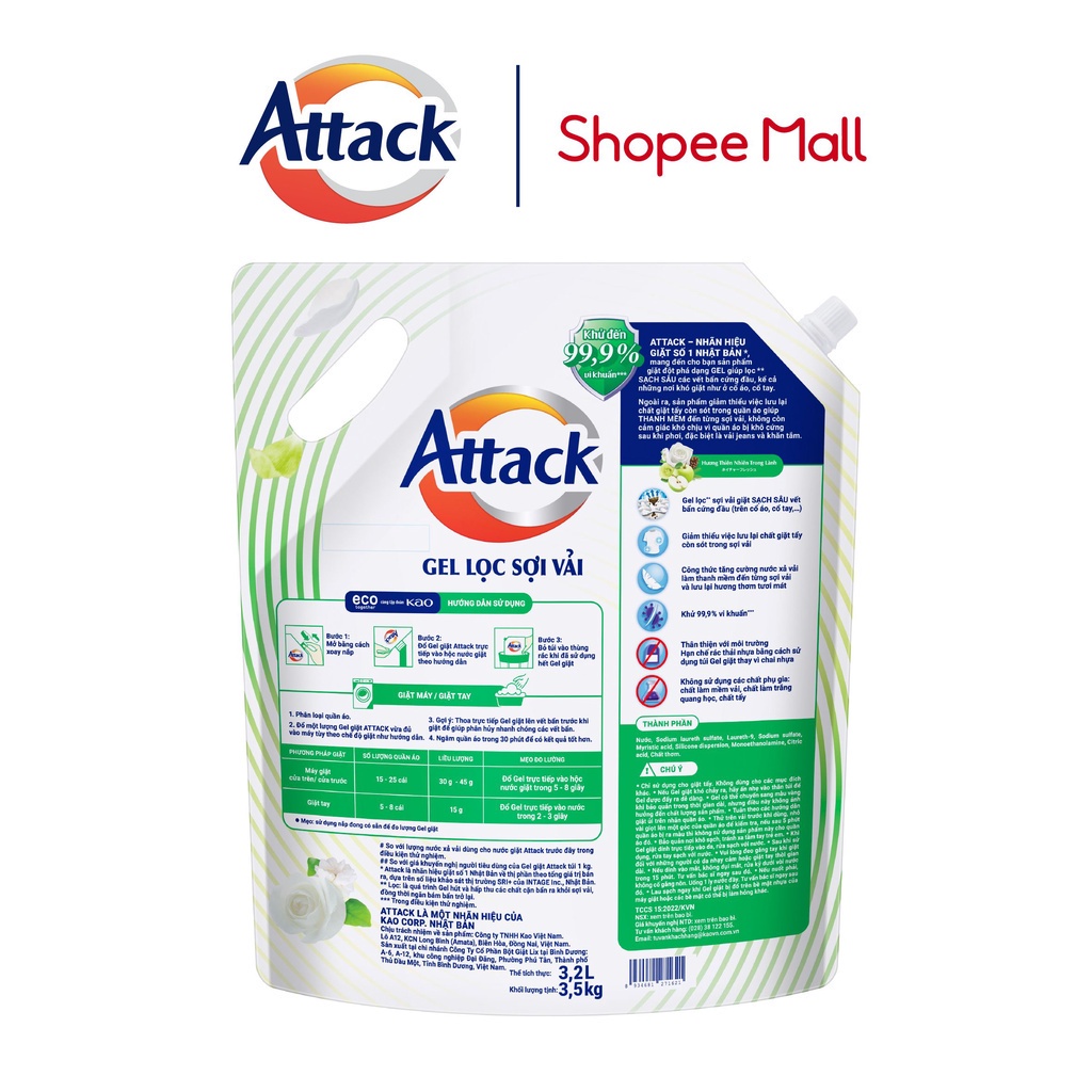 Gel Giặt Attack Hương Thiên Nhiên Trong Lành Túi 3.5Kg