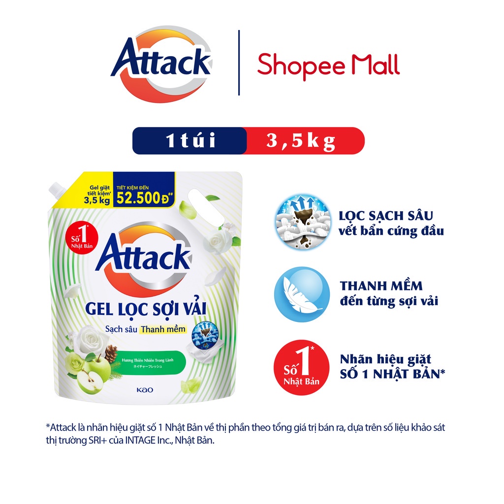 [GIẢM 50K ĐƠN 300K] Gel Giặt Attack Hương Thiên Nhiên Trong Lành Túi 3.5Kg