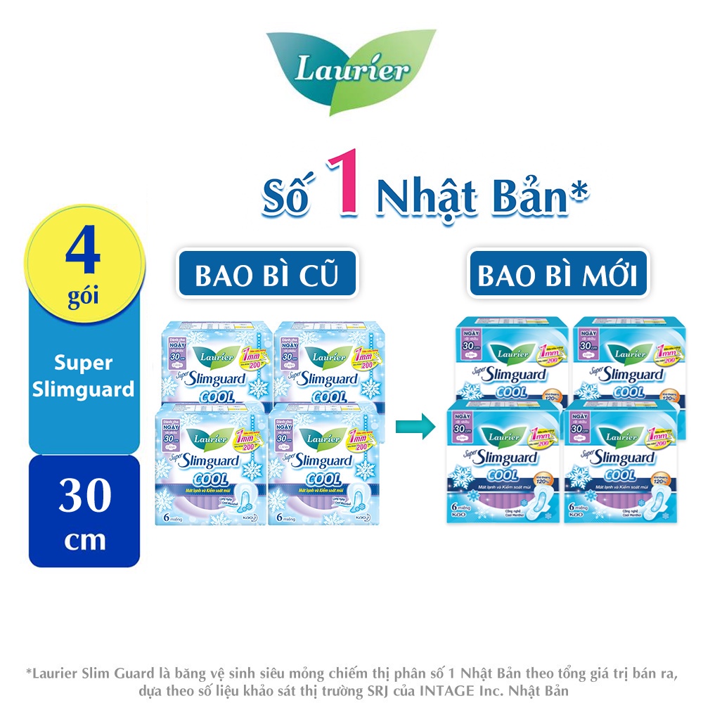 Combo 4 gói BVS Laurier Siêu Mỏng 1mm Mát lạnh 30cm 6 miếng