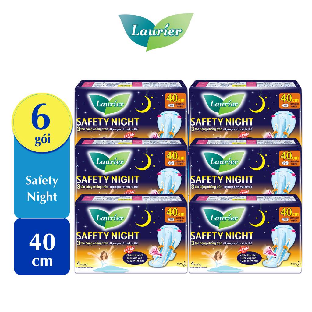 Combo 6 gói Băng vệ sinh Laurier Safety Night Đêm Siêu An Toàn 40cm 4 miếng