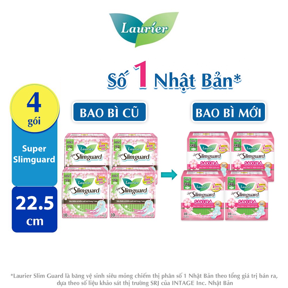Combo 4 gói BVS Laurier siêu mỏng bảo vệ 1mm Hương Anh Đào 22.5cm 10 miếng