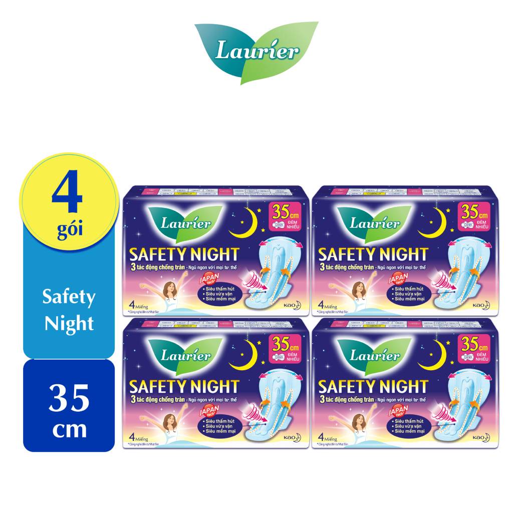 Combo 4 gói Băng vệ sinh Laurier Safety Night Đêm Siêu An Toàn 35cm 4 miếng