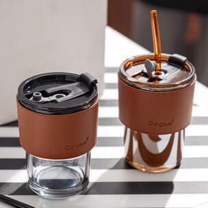 (Hàng Sẵn)Cốc thủy tinh Gorgous có nắp, ống hút và bao da đi kèm - 450ml có 2 màu