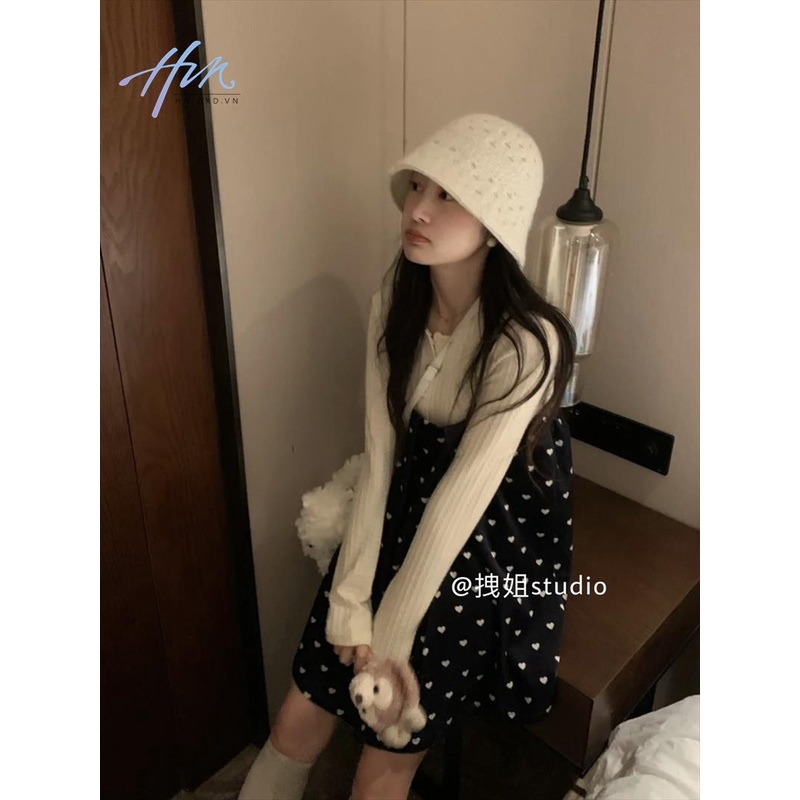 Set Đầm Nhung Hai Dây Dáng Rộng In Họa Tiết Thời Trang Mùa Thu