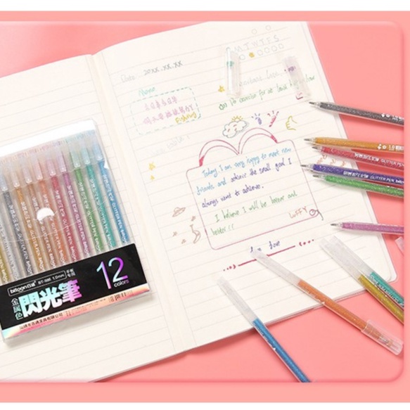 Set 12 Màu Bút bi nhũ kim tuyến BITOON với nét bút 1mm có óng ánh xinh xinh