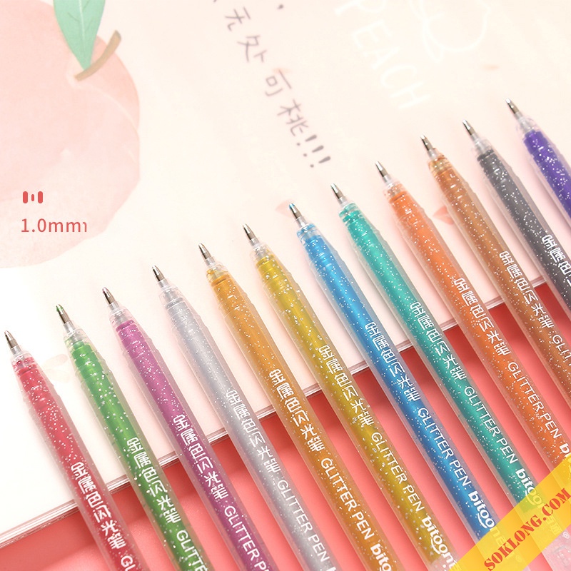 Set 12 Màu Bút bi nhũ kim tuyến BITOON với nét bút 1mm có óng ánh xinh xinh