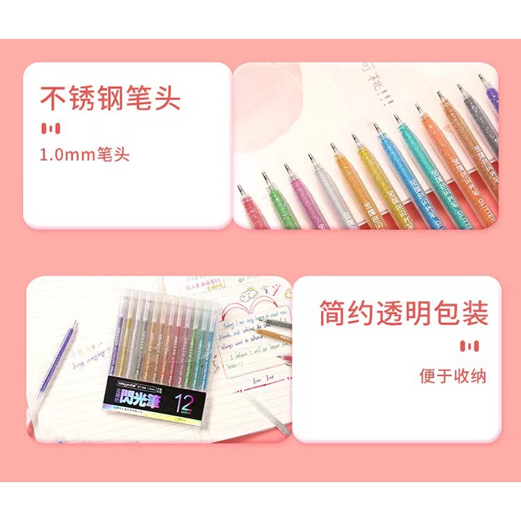 Set 12 Màu Bút bi nhũ kim tuyến BITOON với nét bút 1mm có óng ánh xinh xinh